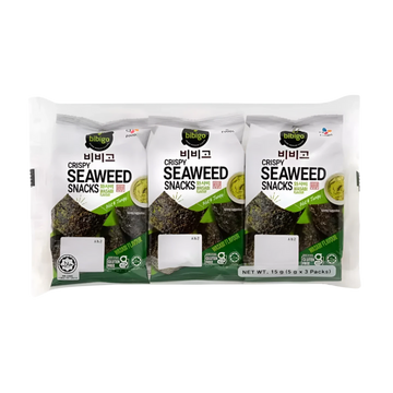 Kjøp Crispy Seaweed Snacks Wasabi Flavor - Bibigo, 3x12g - Fodda.no Asiatisk Nettbutikk - Rask levering i hele Norge