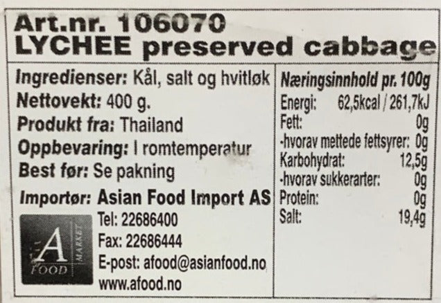 Kjøp Lychee Preserved Cabbage - Lychee Brand, 400g - Fodda.no Asiatisk Nettbutikk - Rask levering i hele Norge