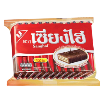 Kjøp Sanghai Chocolate Flavoured Cream Waffers 12-pakning, 72g på nett - Fodda.no Asiatisk Nettbutikk - Rask levering i hele Norge