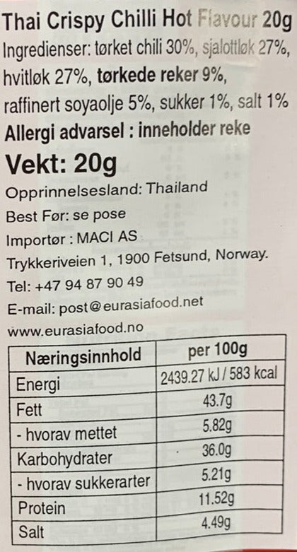 Kjøp Thai Chili Crispy Hot Flavour - Maepranom, 20g - Fodda.no Asiatisk Nettbutikk - Rask levering i hele Norge