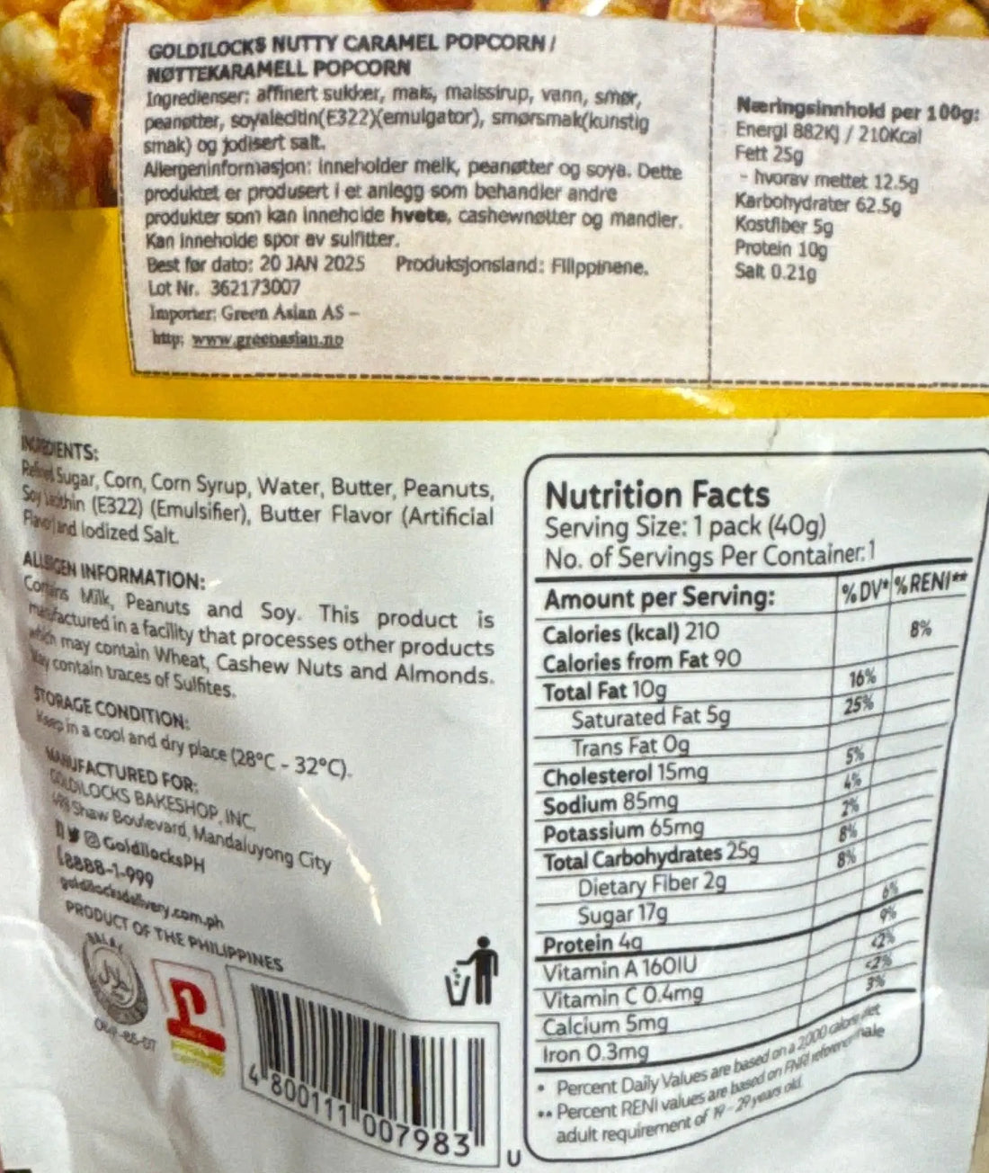 Kjøp Nutty Caramel Popcorn - Goldilocks, 40g på nett - Fodda.no Asiatiske nettbutikk