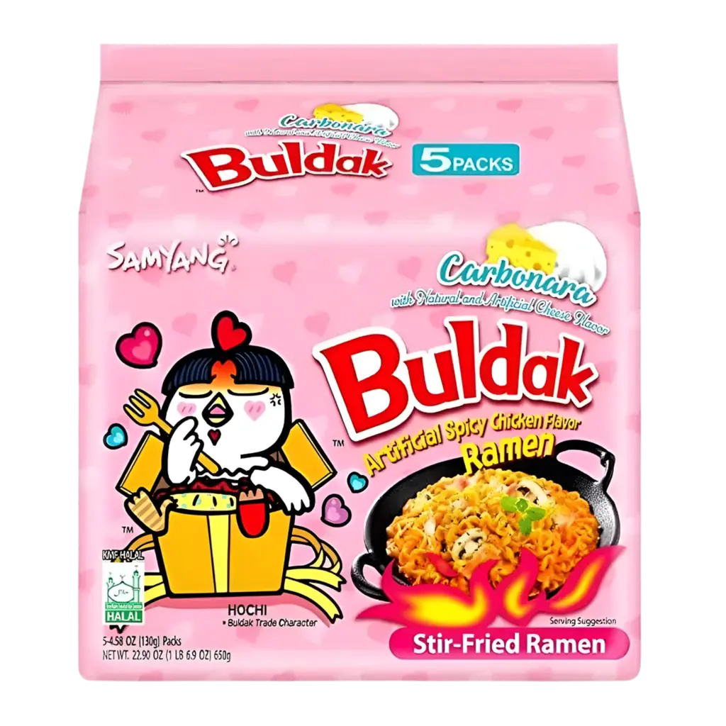 Kjøp Samyang Buldak Carbonara Ramen Spicy Chicken 5-Pakning, 650g (5x130g) på nett - Fodda.no Asiatiske nettbutikk