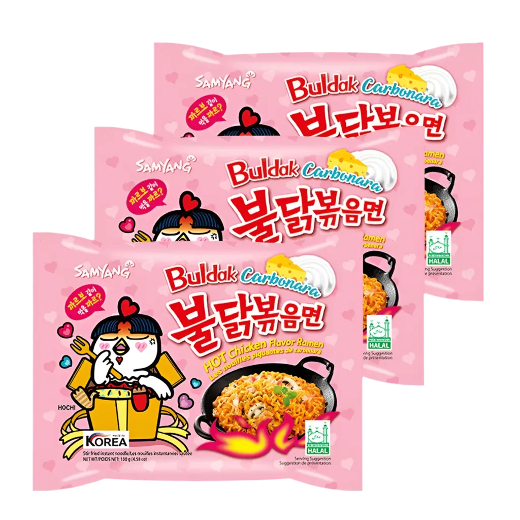 Kjøp Samyang Carbonara Ramen Spicy Chicken Buldak, 3x130g (390g) på nett - Fodda.no Asiatiske nettbutikk