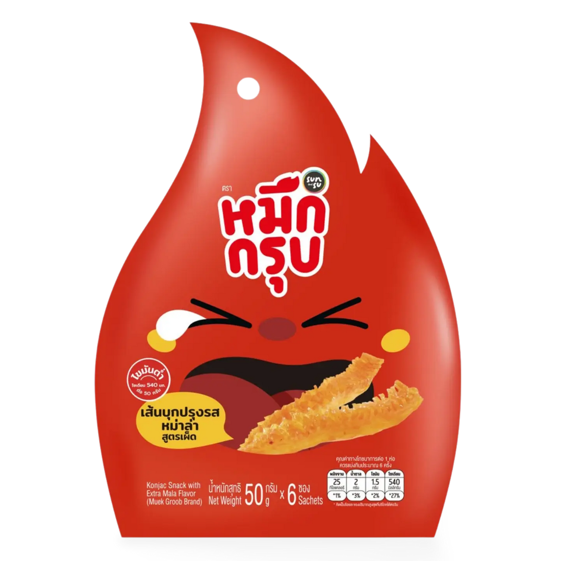 Kjøp Sunsu "Muek Groob" Konjac Snack with Extra Mala Flavor 6-sachets, 50g på nett - Fodda.no Asiatiske nettbutikk