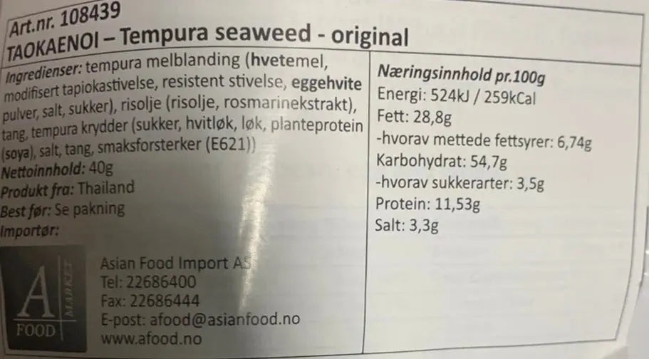 Kjøp Tao Kae Noi Tempura Seaweed Original Flavor, 6x40g på nett - Fodda.no Asiatiske nettbutikk