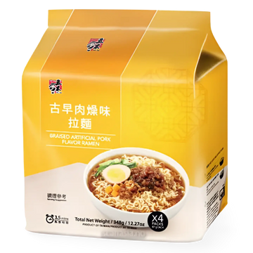 Kjøp Wu-Mu Braised Artificial Pork Flavor Ramen 4-pack, 348g på nett - Fodda.no Asiatiske nettbutikk