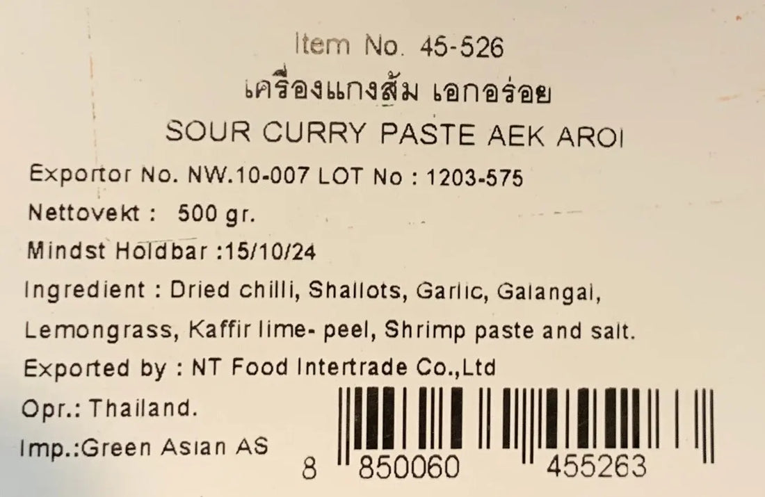 Kjøp Aek Aroi Sour Curry Paste (เครื่องแกงส้ม), 500g på nett - Fodda.no Asiatiske nettbutikk