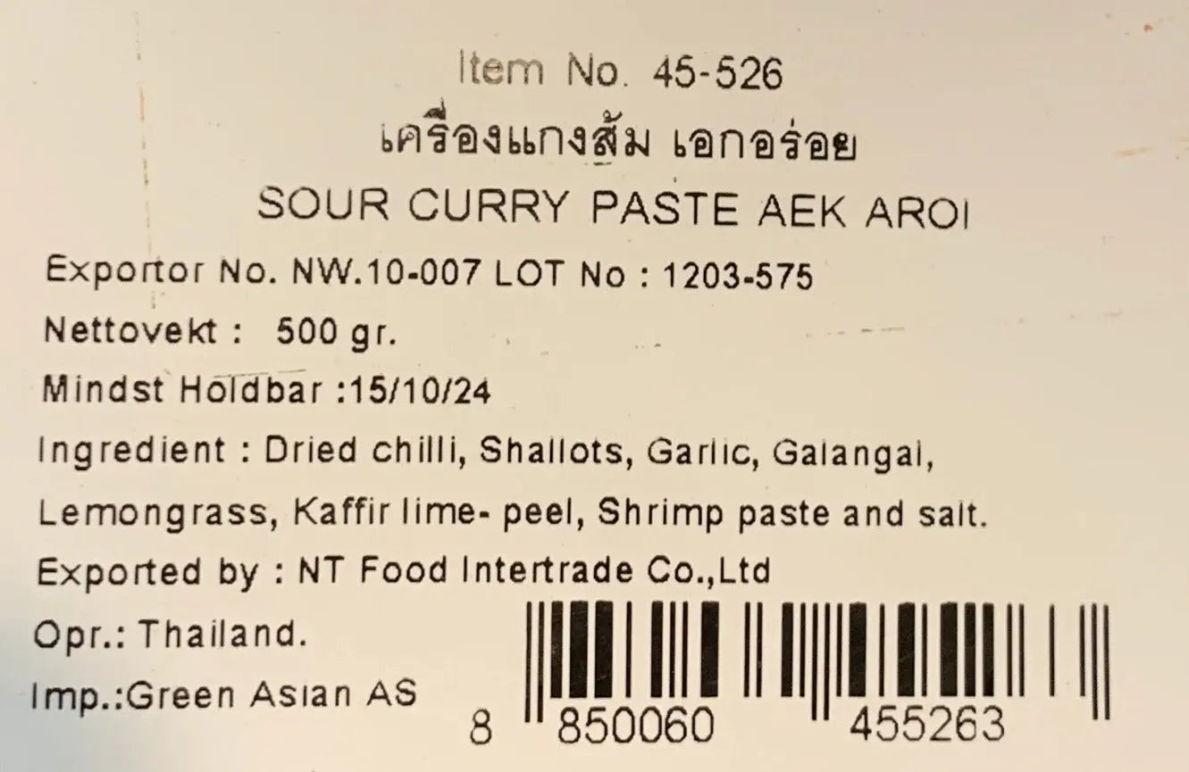 Kjøp Aek Aroi Sour Curry Paste (เครื่องแกงส้ม), 500g på nett - Fodda.no Asiatiske nettbutikk