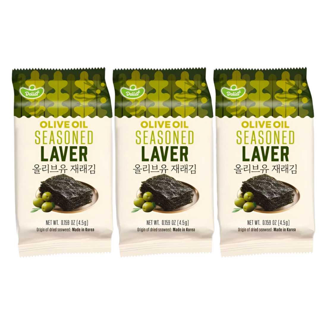 Kjøp Delief Seasoned Laver Olive Oil Snack, 3x4.5g på nett - Fodda.no Asiatiske nettbutikk