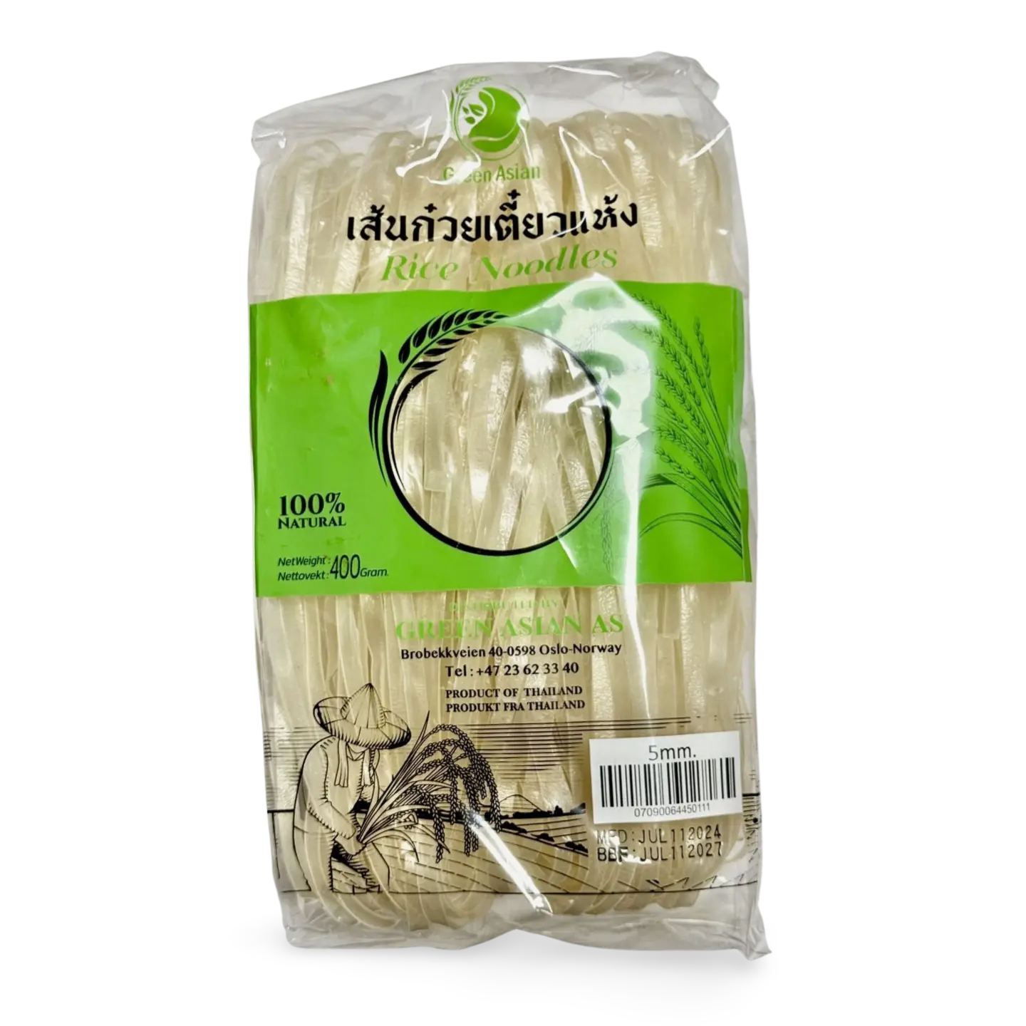 Kjøp Green Asian Rice Noodles 5mm, 400g på nett - Fodda.no Asiatiske nettbutikk