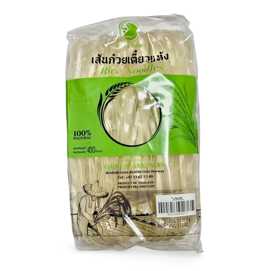 Kjøp Green Asian Rice Noodles 5mm, 400g på nett - Fodda.no Asiatiske nettbutikk