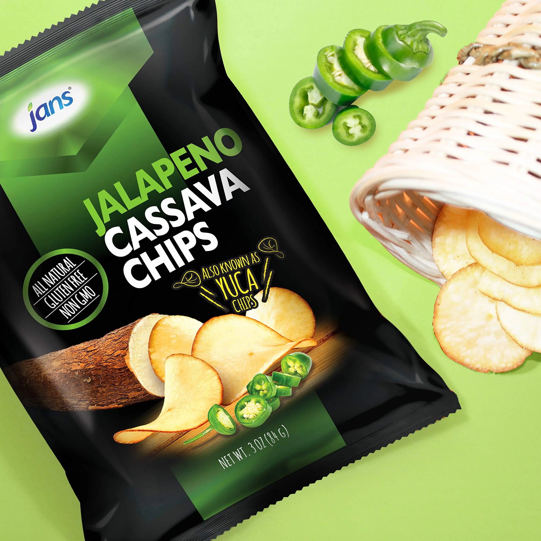 Kjøp Jans Cassava Chips Jalapeño Flavour, 84g på nett - Fodda.no Asiatiske nettbutikk