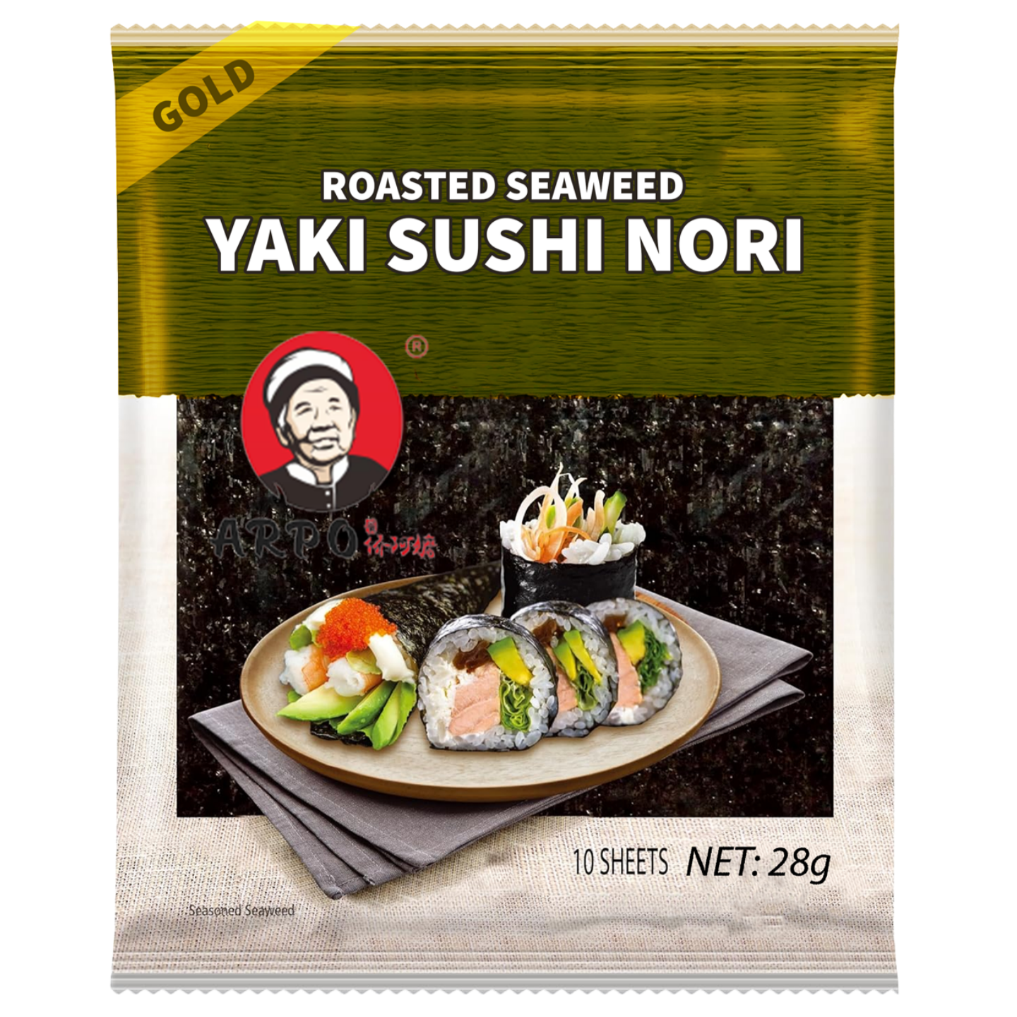 Kjøp Arpo Roasted Seaweed Sushi Nori Gold 10-sheets, 28g på nett - Fodda.no Asiatisk Nettbutikk - Rask levering i hele Norge