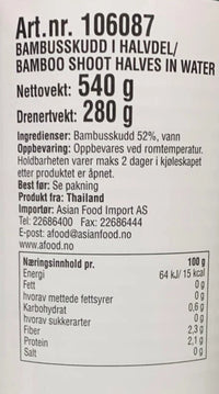 Kjøp Bamboo Shoot (Halves) In Water - Aroy-D, 540g - Fodda.no Asiatisk Nettbutikk - Rask levering i hele Norge