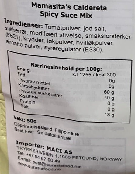 Kjøp Caldereta Spicy Sauce Mix - Mama Sita’s, 50g - Fodda.no Asiatisk Nettbutikk - Rask levering i hele Norge