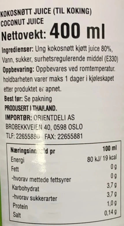 Kjøp Coconut Juice - Aroy-D, 400ml - Fodda.no Asiatisk Nettbutikk - Rask levering i hele Norge