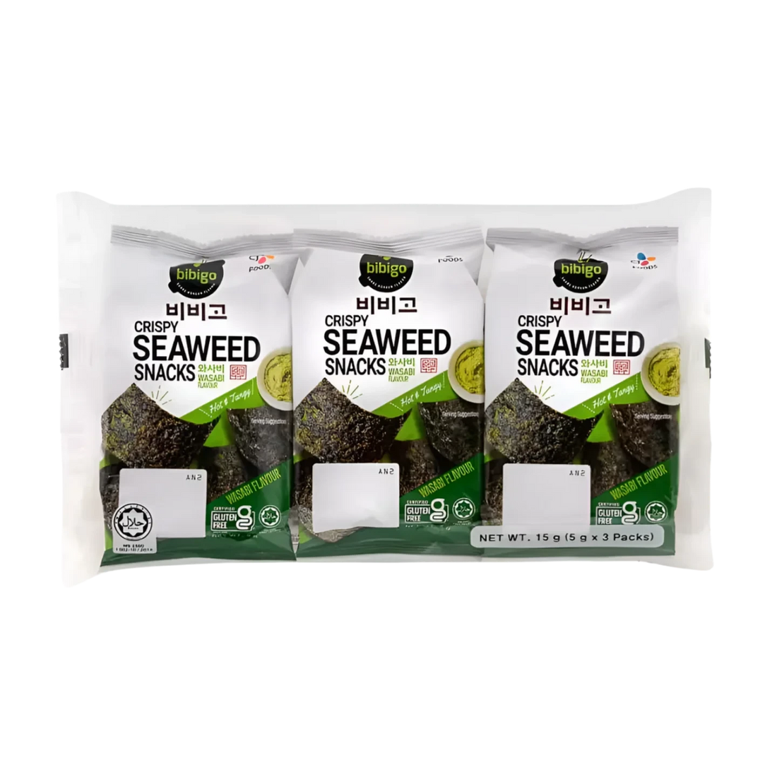 Kjøp Crispy Seaweed Snacks Wasabi Flavor - Bibigo, 3x12g - Fodda.no Asiatisk Nettbutikk - Rask levering i hele Norge