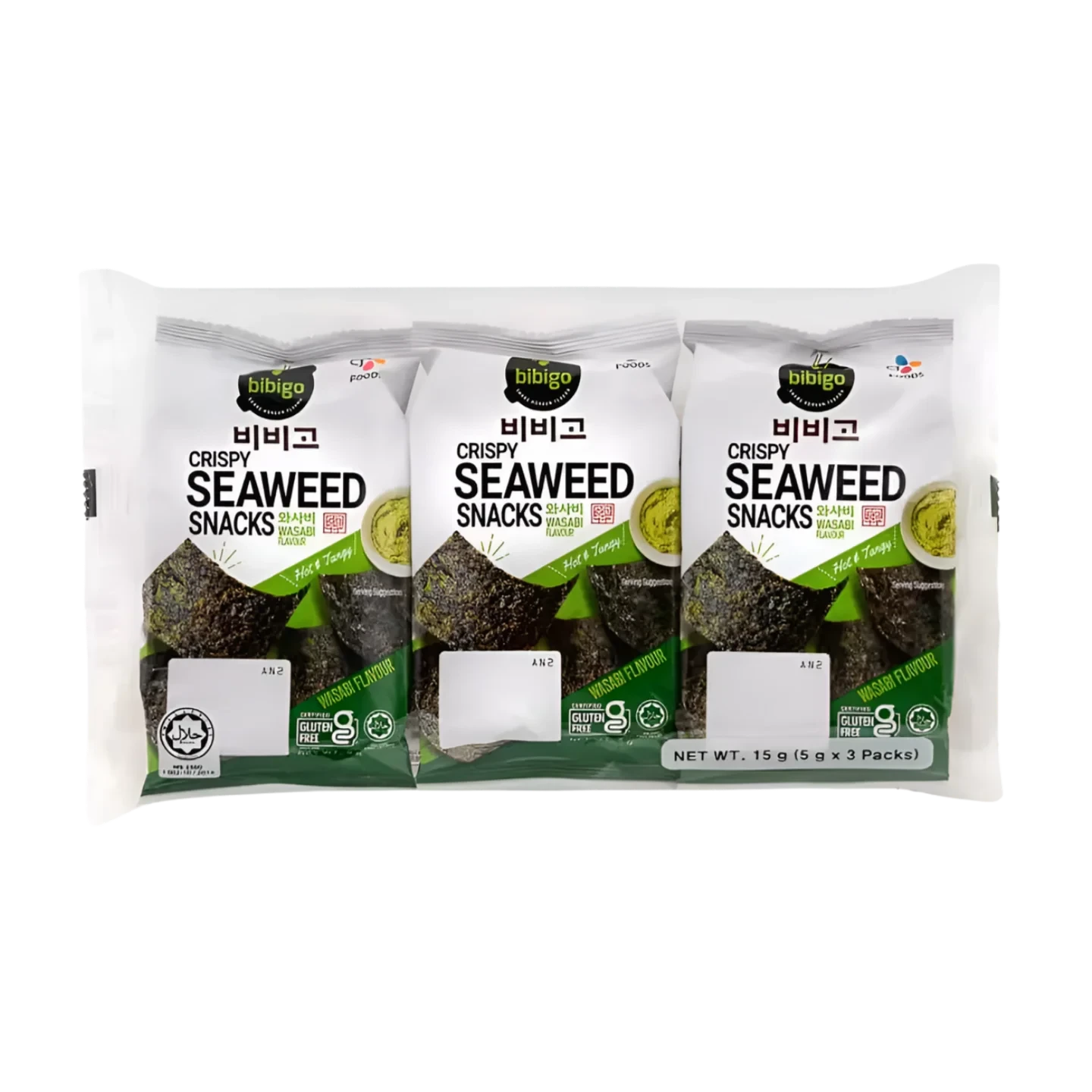 Kjøp Crispy Seaweed Snacks Wasabi Flavor - Bibigo, 3x12g - Fodda.no Asiatisk Nettbutikk - Rask levering i hele Norge