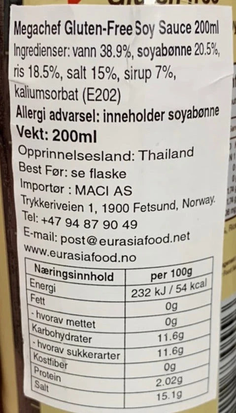 Kjøp Glutenfri Soyasaus - Megachef, 200ml - Fodda.no Asiatisk Nettbutikk - Rask levering i hele Norge