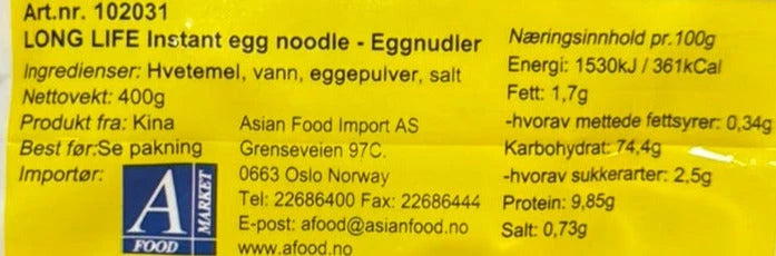 Kjøp Instant Egg Nudler - Long Life Brand, 400g - Fodda.no Asiatisk Nettbutikk - Rask levering i hele Norge