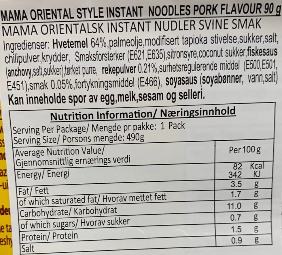 Kjøp Oriental Style Instant Noodles Pork Flavour - Mama, 90g - Fodda.no Asiatisk Nettbutikk - Rask levering i hele Norge