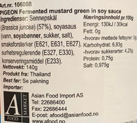 Kjøp Pickled Mustard Green Half In Soy Sauce - Pigeon Brand, 140g - Fodda.no Asiatisk Nettbutikk - Rask levering i hele Norge