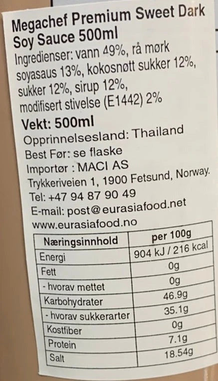 Kjøp Premium Sweet Dark Soy Sauce - Megachef, 500ml - Fodda.no Asiatisk Nettbutikk - Rask levering i hele Norge