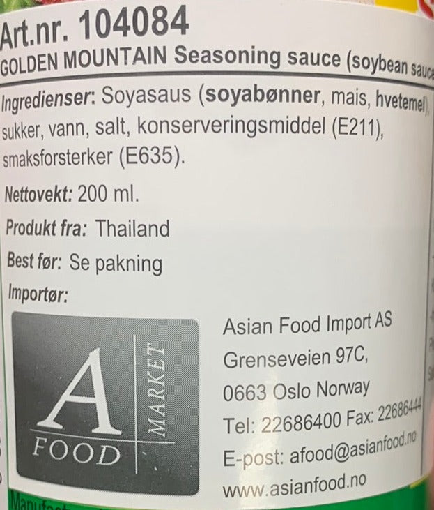 Kjøp Seasoning Soya Sauce - Golden Mountain, 200ml - Fodda.no Asiatisk Nettbutikk - Rask levering i hele Norge