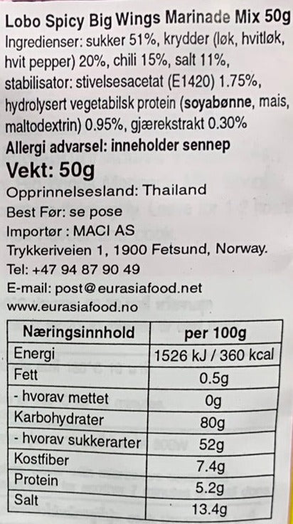 Kjøp Spicy Big Wings Marinade Mix - Lobo, 50g - Fodda.no Asiatisk Nettbutikk - Rask levering i hele Norge