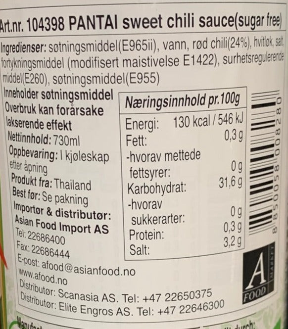 Kjøp Sweet Chili Sauce (Sugar Free) - Pantai, 730ml - Fodda.no Asiatisk Nettbutikk - Rask levering i hele Norge