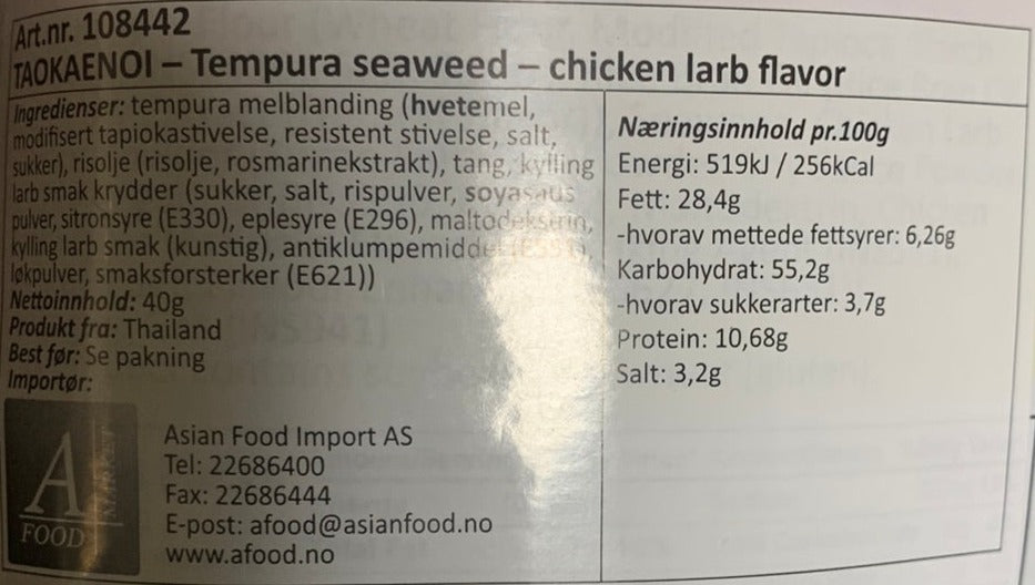 Kjøp Tempura Seaweed Chicken Larb Flavor - Tao Kae Noi, 40g - Fodda.no Asiatisk Nettbutikk - Rask levering i hele Norge