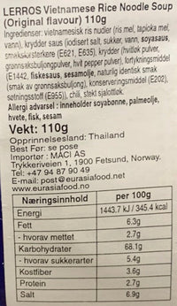 Kjøp Vietnamese Rice Noodle Soup Original - Lerros, 110g - Fodda.no Asiatisk Nettbutikk - Rask levering i hele Norge