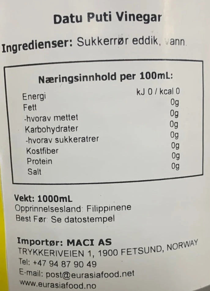 Kjøp Vinegar - Datu Puti, 1L - Fodda.no Asiatisk Nettbutikk - Rask levering i hele Norge