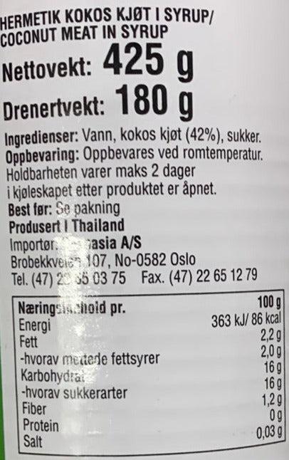 Kjøp Young Coconut Meat In Syrup - Aroy-D, 425g - Fodda.no Asiatisk Nettbutikk - Rask levering i hele Norge