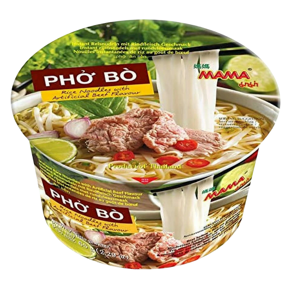 Kjøp MAMA Pho Bo Rice Noodles with Artificial Beef Flavour Bowl, 65g på nett - Fodda.no Asiatiske nettbutikk