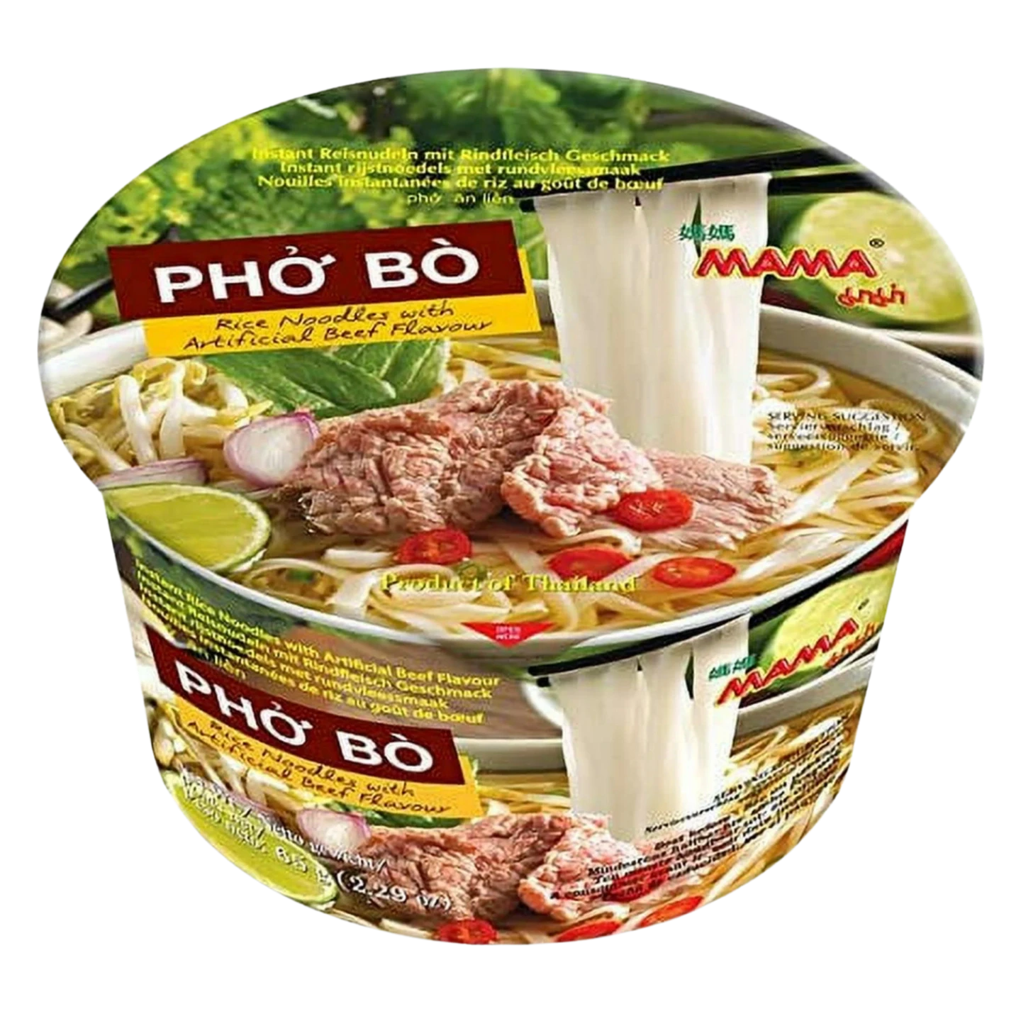 Kjøp MAMA Pho Bo Rice Noodles with Artificial Beef Flavour Bowl, 65g på nett - Fodda.no Asiatiske nettbutikk