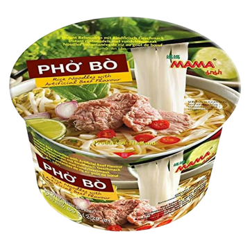 Kjøp MAMA Pho Bo Rice Noodles with Artificial Beef Flavour Bowl, 65g på nett - Fodda.no Asiatiske nettbutikk