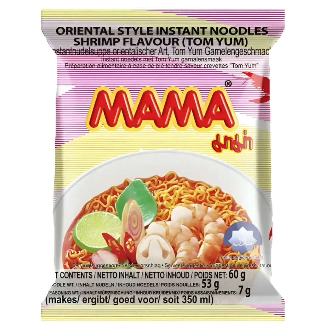 Kjøp Mama Instant Noodle Shrimp Tom-Yum flavour, 60g på nett - Fodda.no Asiatiske nettbutikk