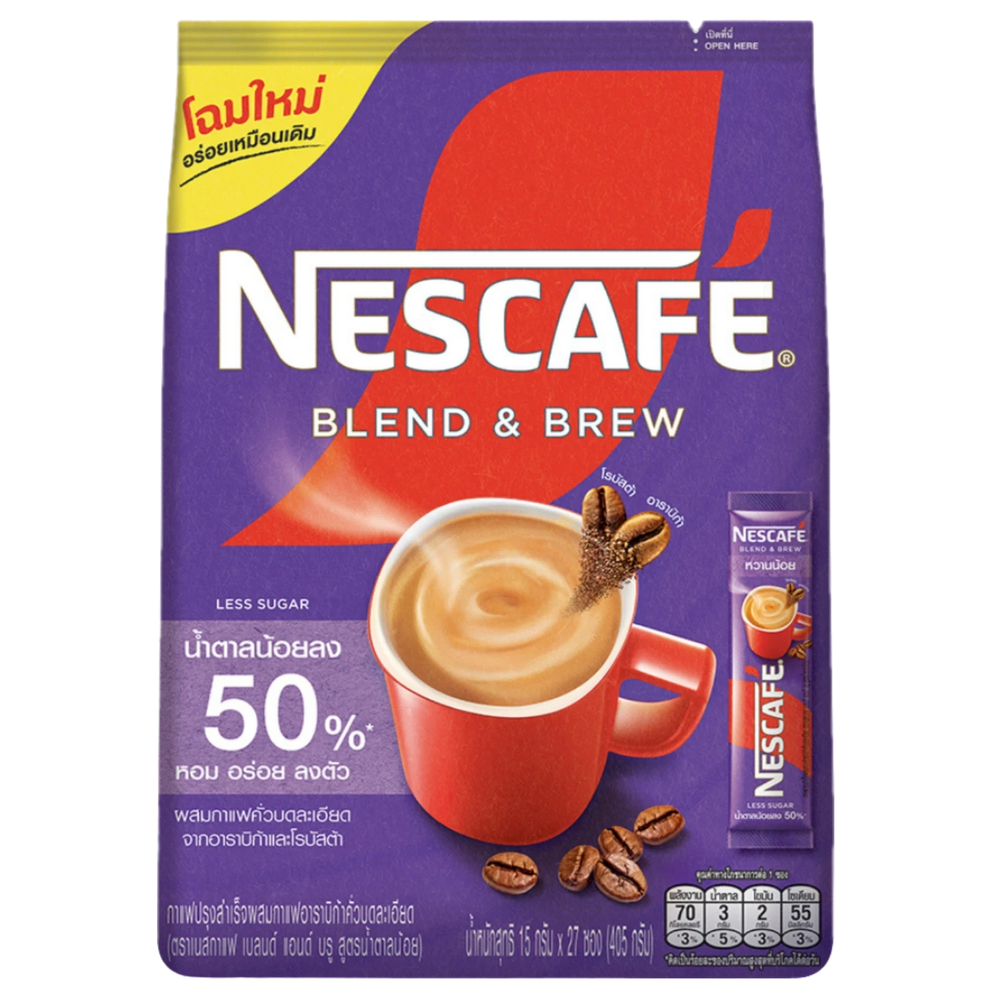 Kjøp NESCAFE Blend and Brew Less Sugar 3-in-1 Instant Coffee Drink 27-Sachets, 405g på nett - Fodda.no Asiatiske nettbutikk