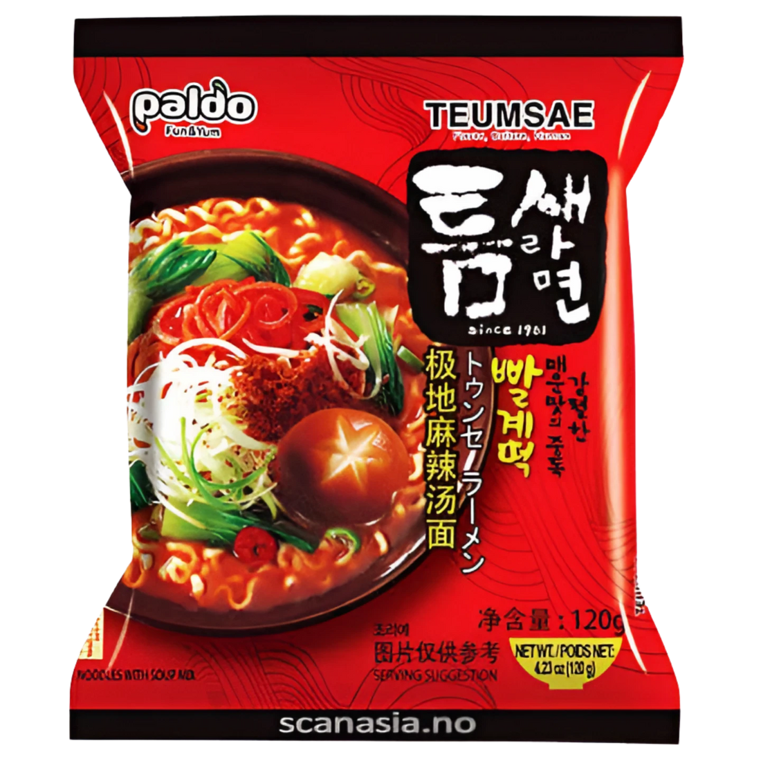 Kjøp Paldo Teumsae Ramyun Rich Hot & Spicy flavour, 120g på nett - Fodda.no Asiatiske nettbutikk