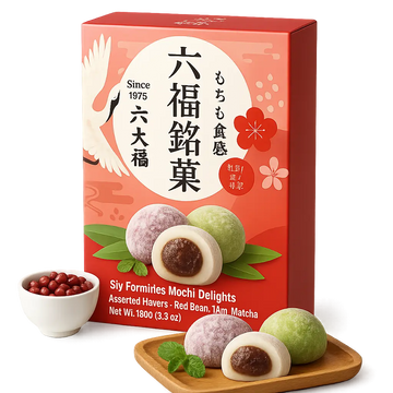 Kjøp Six Fortune Mochi Delights Assorted Flavours (Red Bean, Matcha, Taro), 180g på nett - Fodda.no Asiatiske nettbutikk