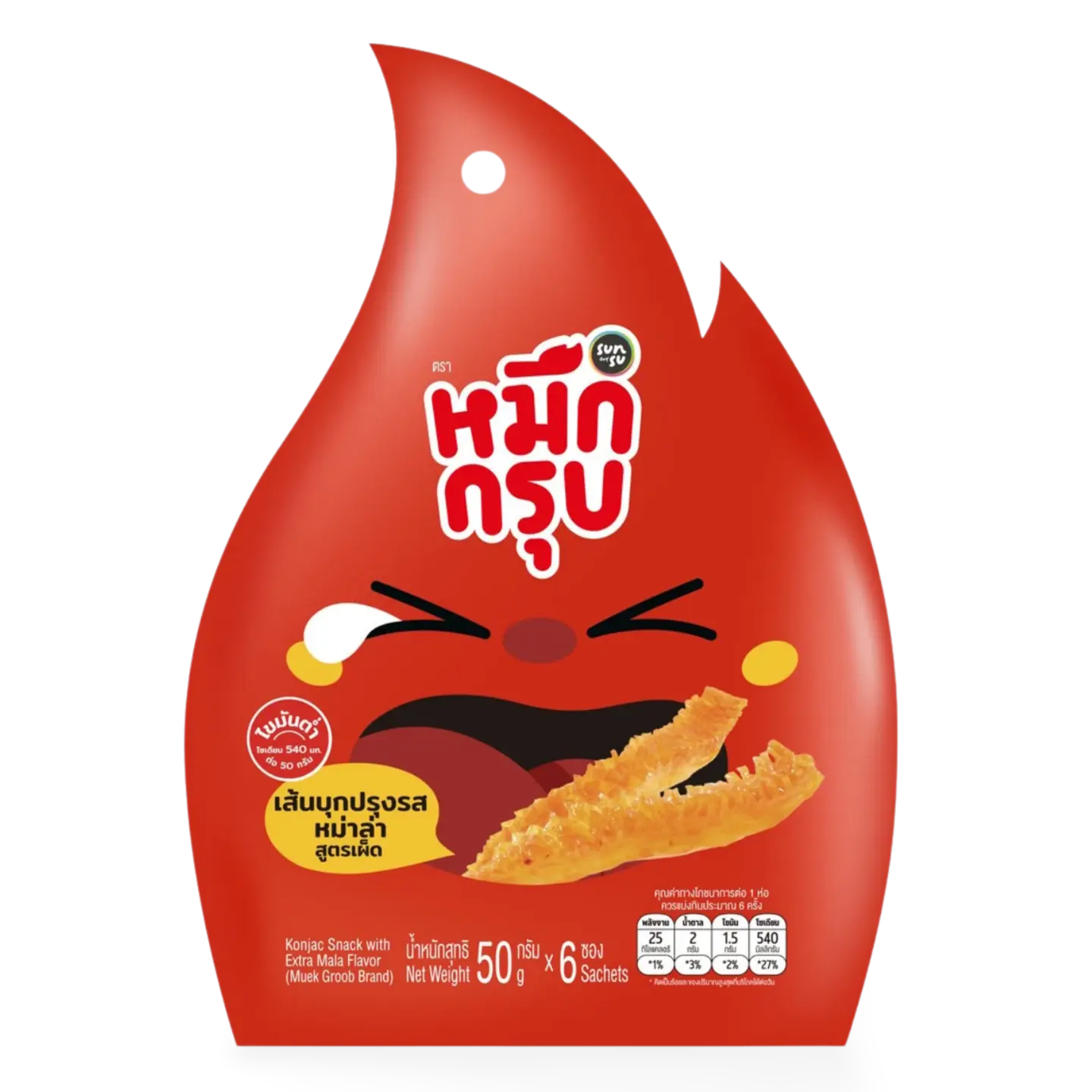 Kjøp Sunsu "Muek Groob" Konjac Snack with Extra Mala Flavor 6-sachets, 50g på nett - Fodda.no Asiatiske nettbutikk