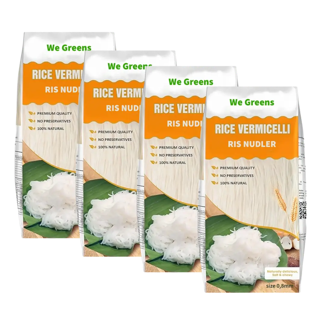 Kjøp We Greens Rice Vermicelli (เส้นขนมจีนเวียดนาม) 0,8mm, 4x375g på nett - Fodda.no Asiatiske nettbutikk